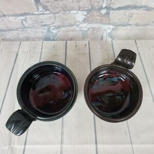 Handcrafted Studio Pottery Handled Soup Bowls Multicolored Glaze Set of 2